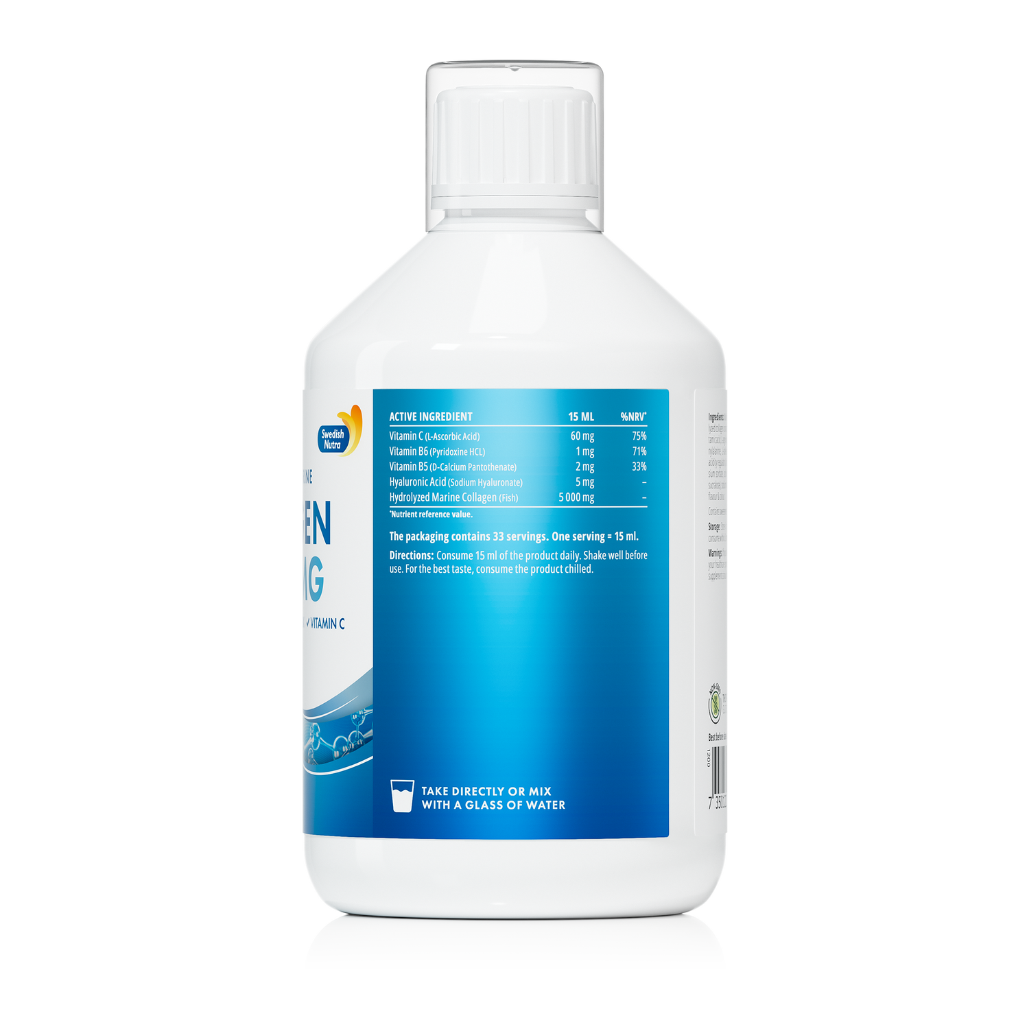 Supplement facts & ingredients image: Swedish Nutra marine collagen supplement facts ingredients 500ml bottle