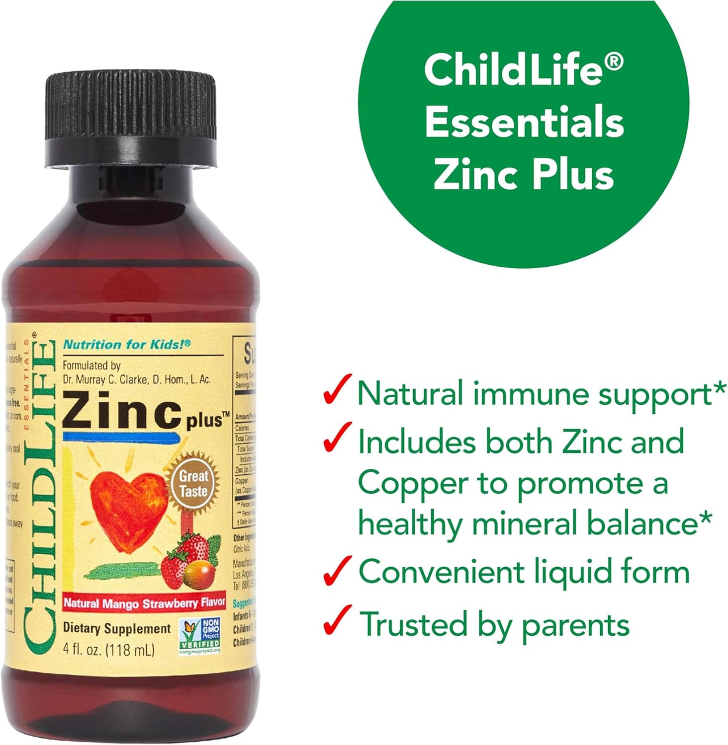 ChildLife Essentials Liquid Zinc Plus kids liquid supplement mango strawberry flavour 118ml