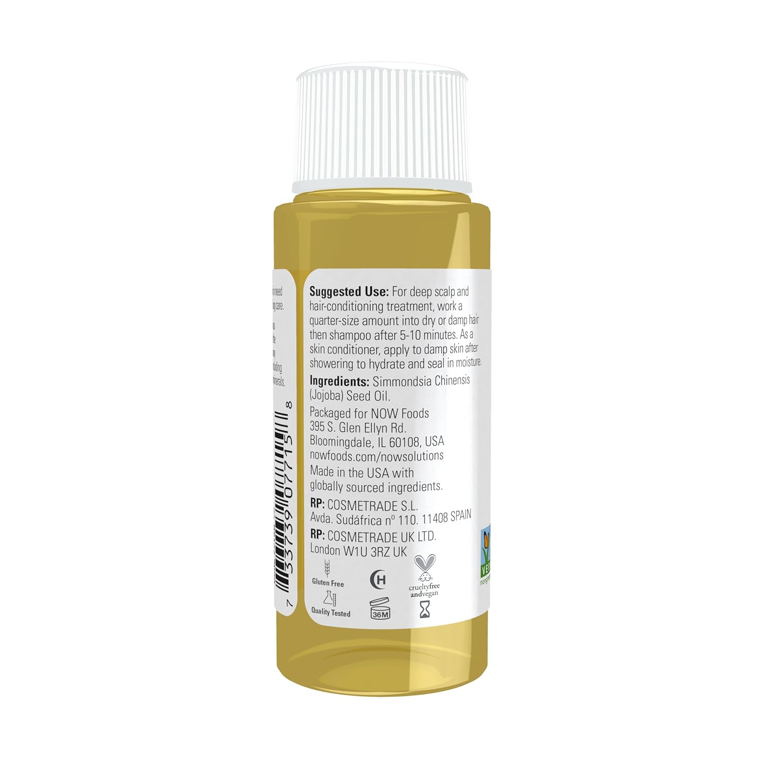 Supplement facts label and usage instructions for NOW Pure Jojoba Oil.