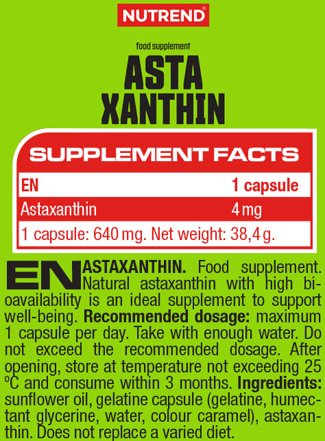 Nutrend Astaxanthin 4mg capsules supplement facts ingredients panel bottle 60 capsules