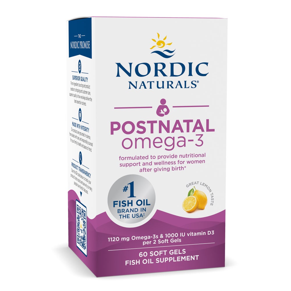 Nordic Naturals Postnatal Omega-3 with Vitamin D3 box, lemon flavour, 60 soft gels.