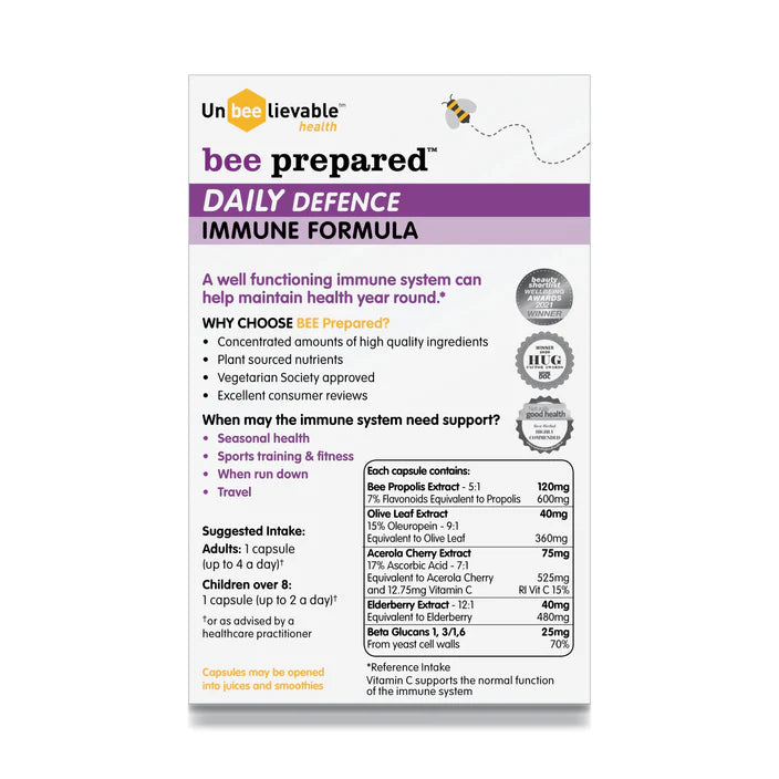 Ingredients and supplement facts for Bee Prepared wellness capsules.