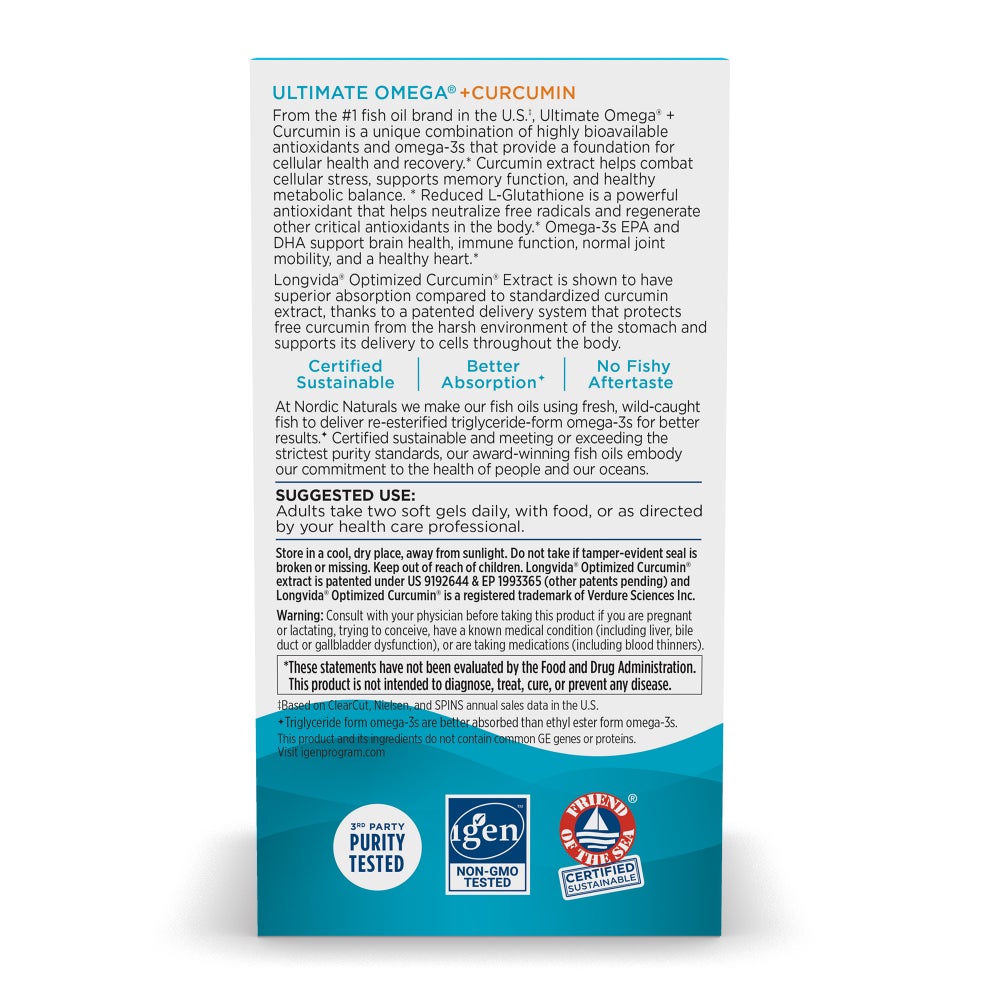 Supplement facts label for omega-3 fish oil with curcumin supplement