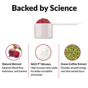 Scoop of pink fruit punch flavored Total Beets pre-workout supplement powder.
