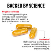 Key benefits label for Turmeric Curcumin 95% with Black Pepper Extract & BioPerine.