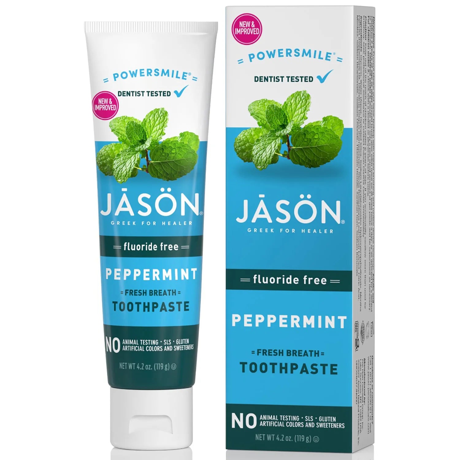 Jason Powersmile Fluoride Free Peppermint Toothpaste 119g tube & box