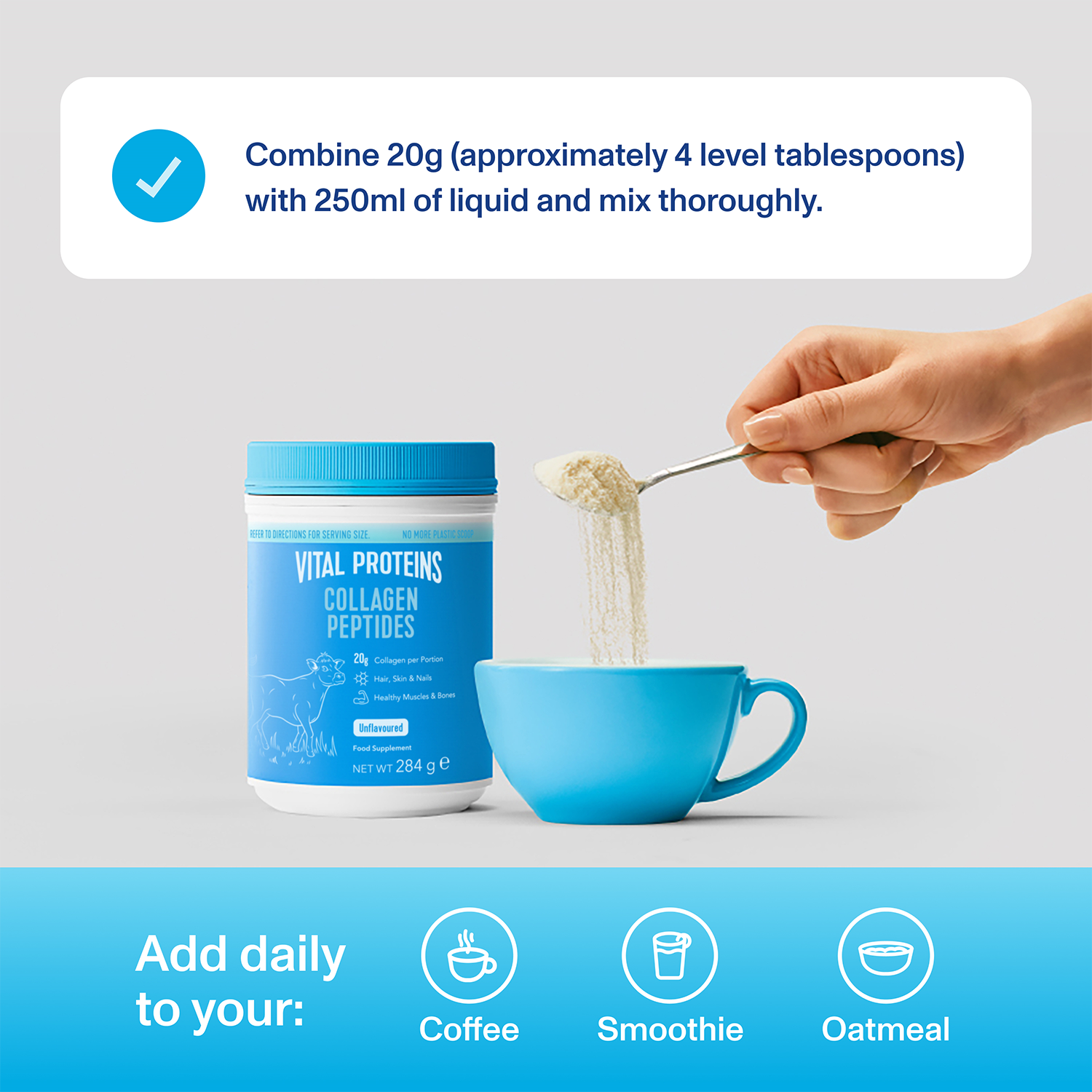 How to use image: Vital Proteins collagen peptides unflavoured powder 284g mixing instructions