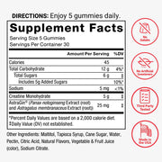 Supplement facts label for a product with icons indicating no gelatin, no artificial sweeteners, third-party testing, and made in the USA.