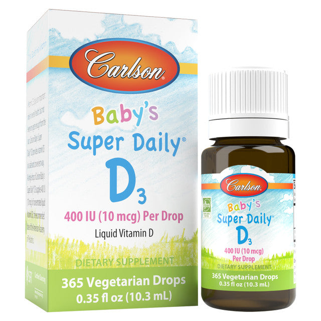 Front image: Carlson Baby Super Daily D3 liquid vitamin D3 400 IU drops 10.3 ml bottle & box