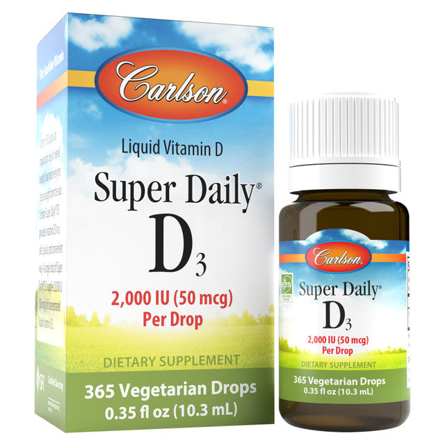 Front image: Carlson Super Daily D3 liquid vitamin D3 2000 IU drops 10.3 ml bottle & box