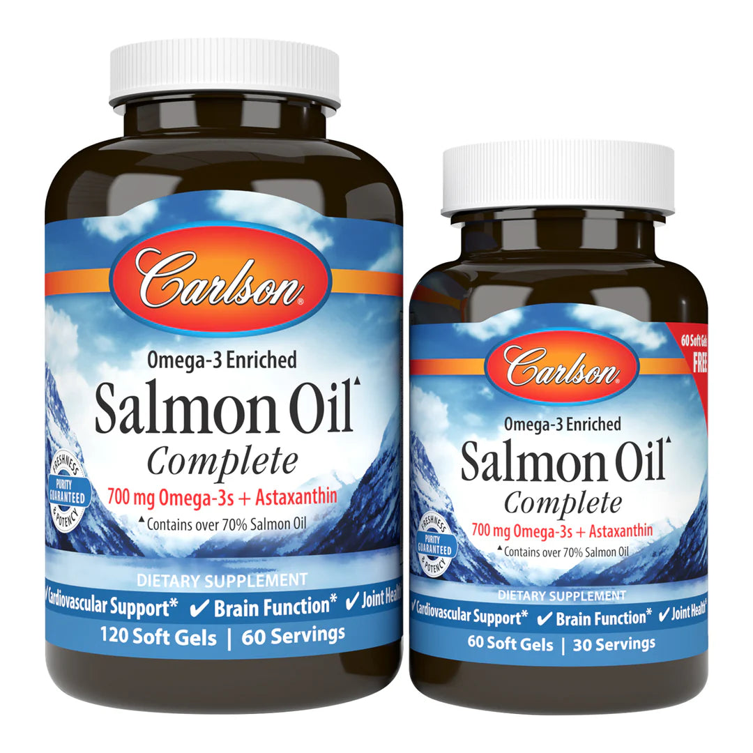 Front image: Carlson Salmon Oil Complete omega 3 softgels astaxanthin bottle 180 count