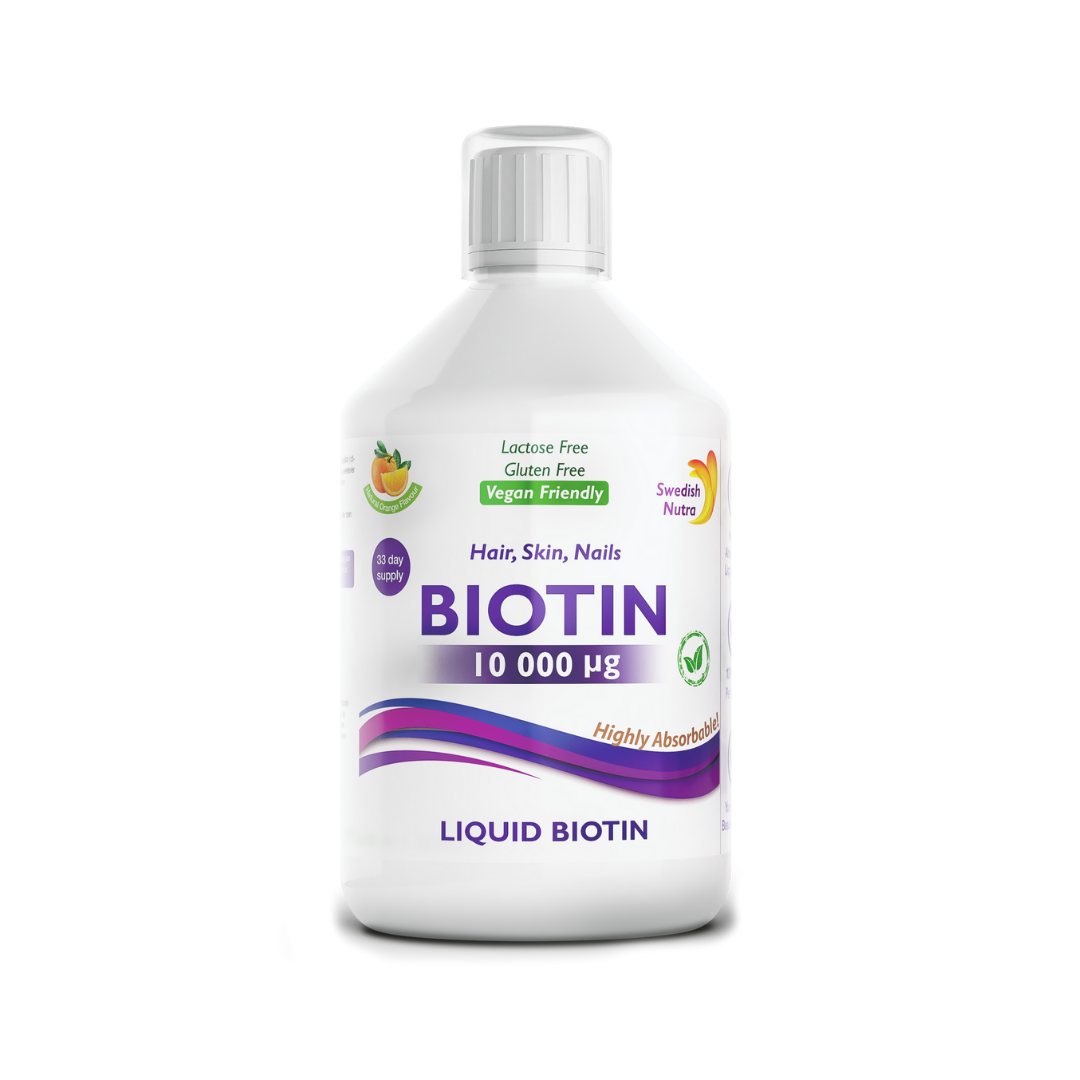 Front image: Swedish Nutra biotin liquid 10000ug orange flavour 500ml bottle