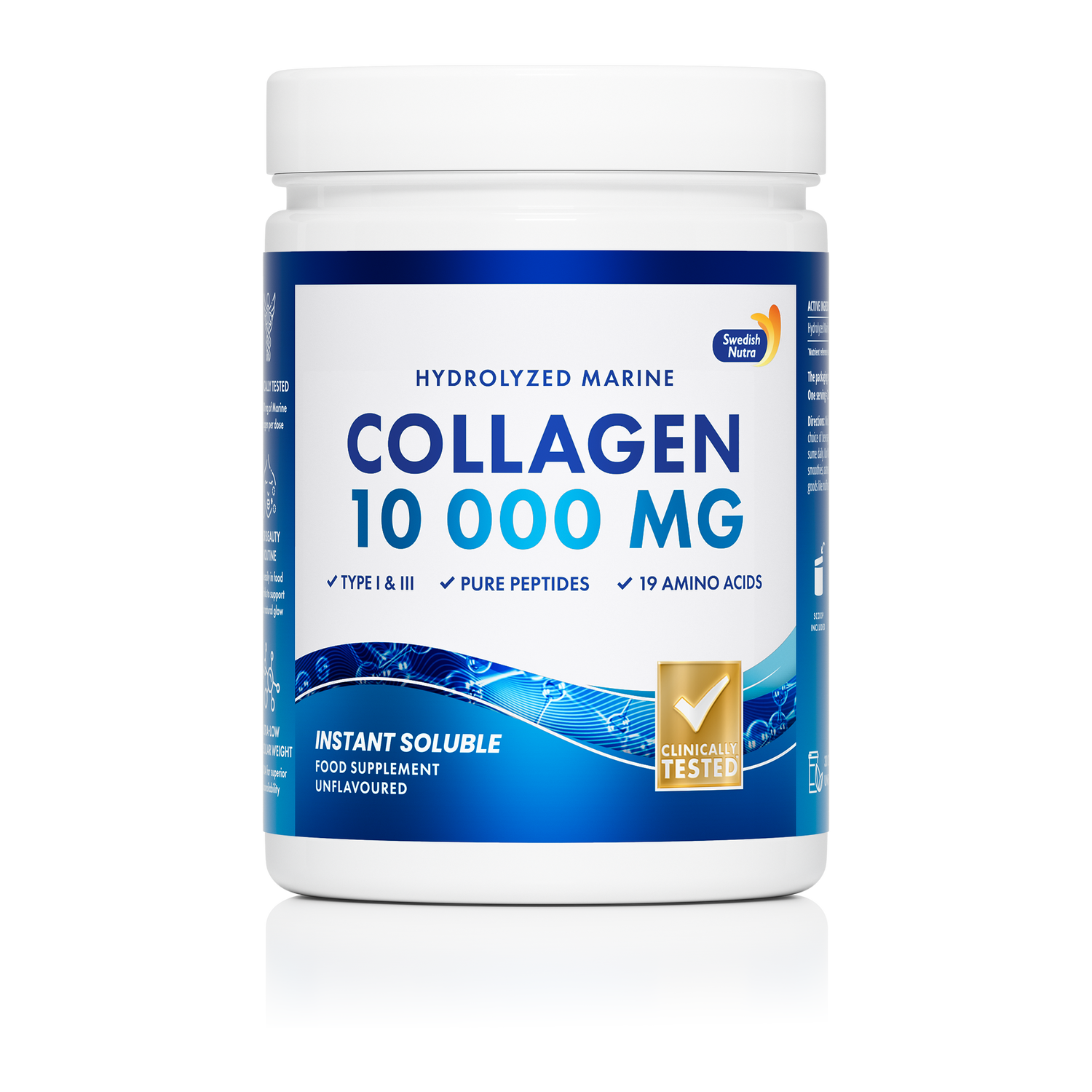 Front image: Swedish Nutra marine collagen peptide powder unflavoured 300g container