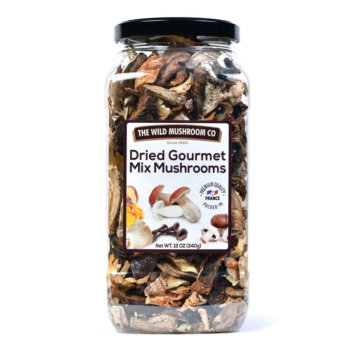 Front image: Wild Mushroom Co dried gourmet mix mushrooms pack 340g