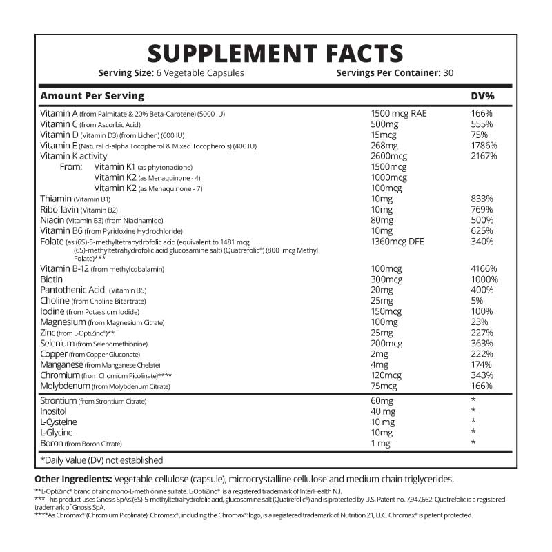 Supplement facts & ingredients image: Good Health Naturally Active Life supplement facts vitamins minerals capsules 180 count
