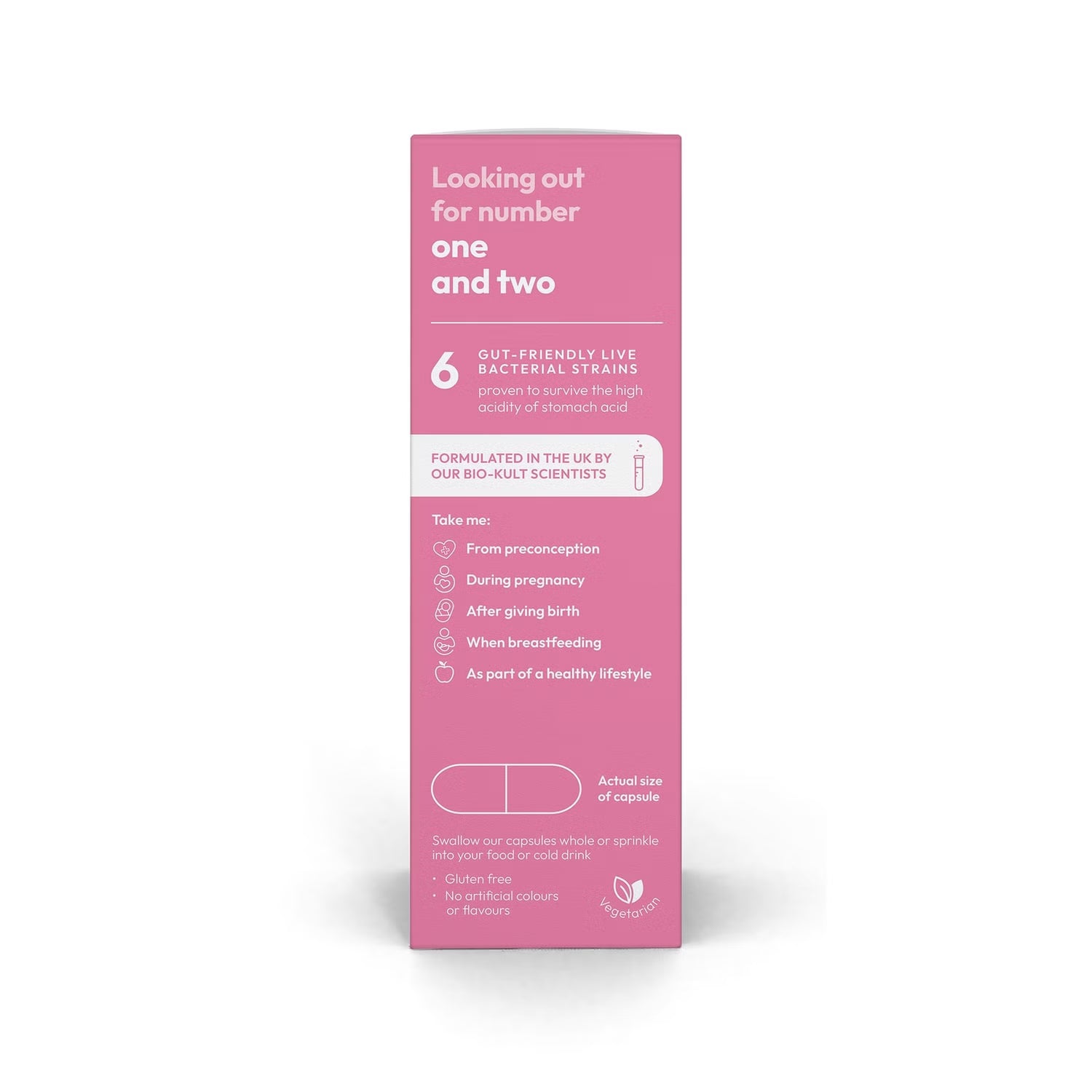 How to Use: Bio-Kult Pregnéa capsule directions and storage instructions 60 capsules on white background side view.