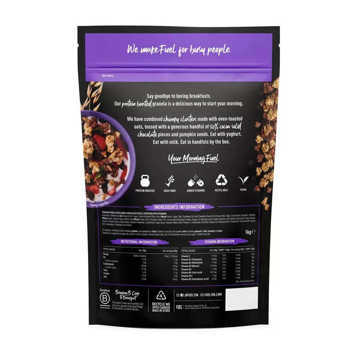 Supplement facts & ingredients image: Fuel 10K Chocolate Chunks Granola ingredients label oat cereal 1kg