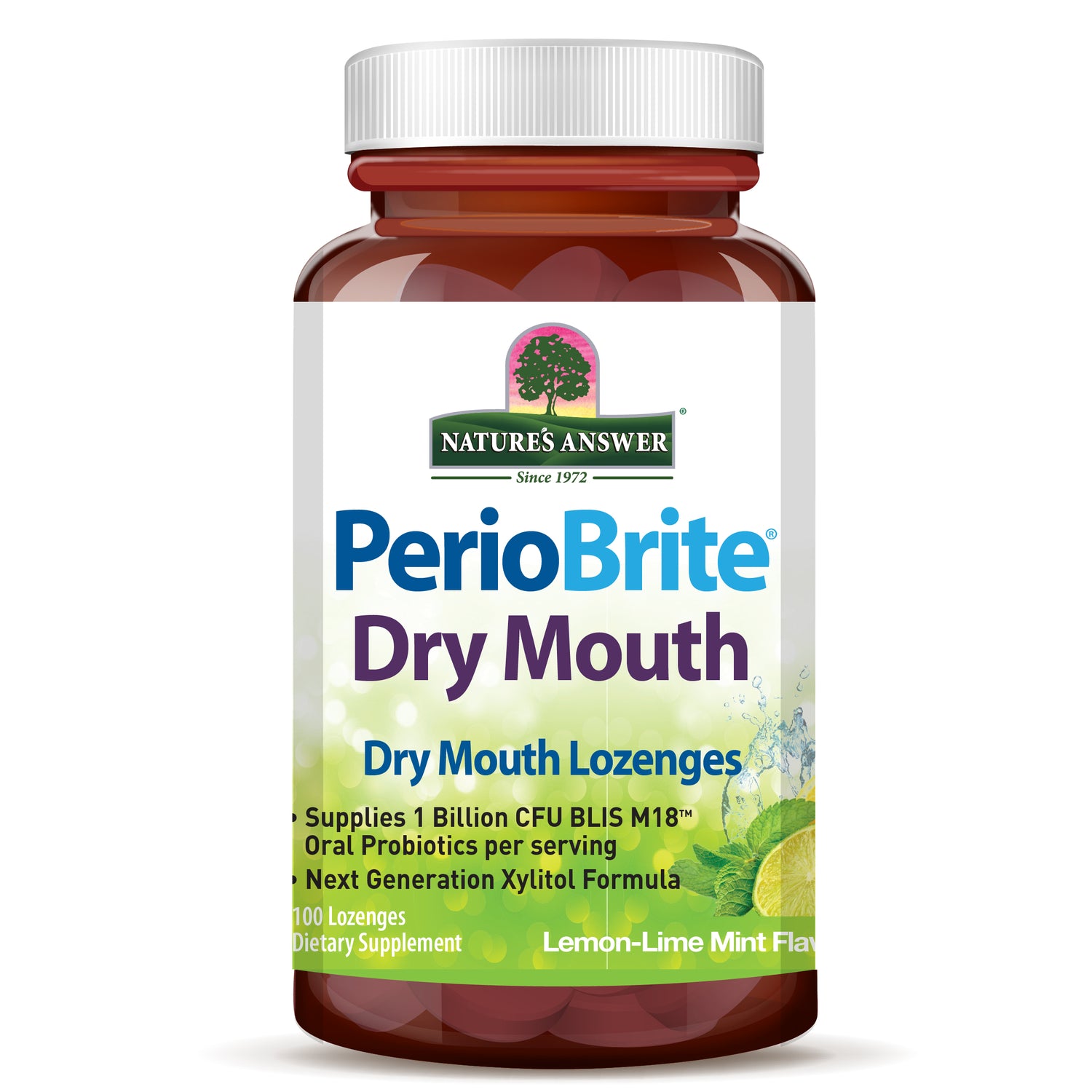 Nature’s Answer PerioBrite dry mouth lozenges lemon lime flavour 100 count bottle front label