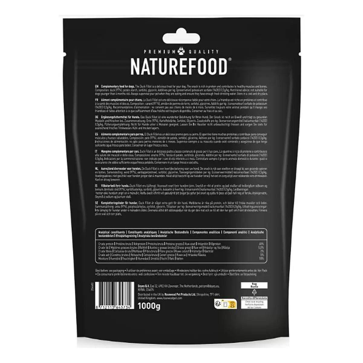 Nature Food duck fillet dog treats barcode packaging 1kg bag
