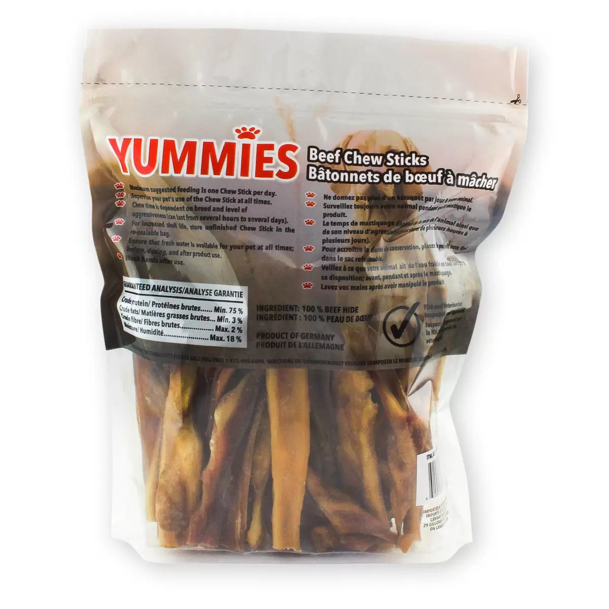 Back Image: Yummies beef chew sticks 5 to 8 inch natural dog treats 680g pack
