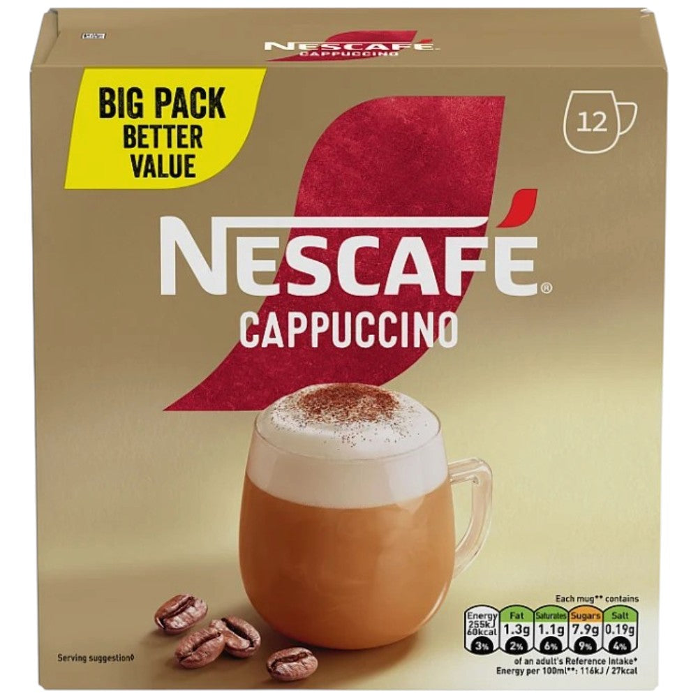 Nescafé Cappuccino Instant Coffee Mix 12 x 15.5g sachets multipack front packaging