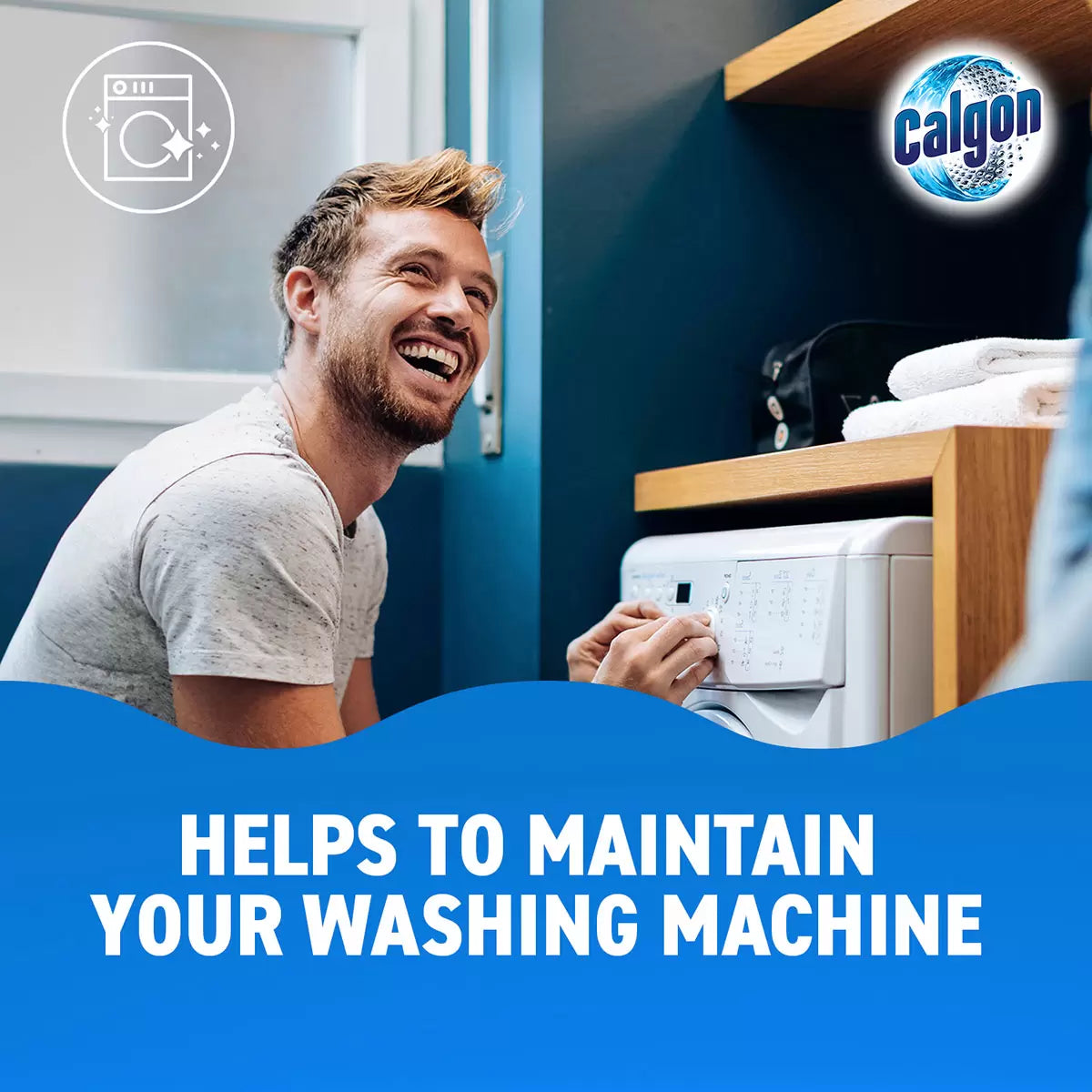 Calgon Power Tabs 4-in-1 Washing Machine Tablets shown ready to use alongside laundry detergent