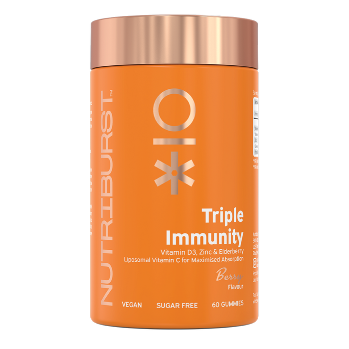 Nutriburst Immune Support Gummies bottle with Vitamin C, D3, Zinc, Elderberry.