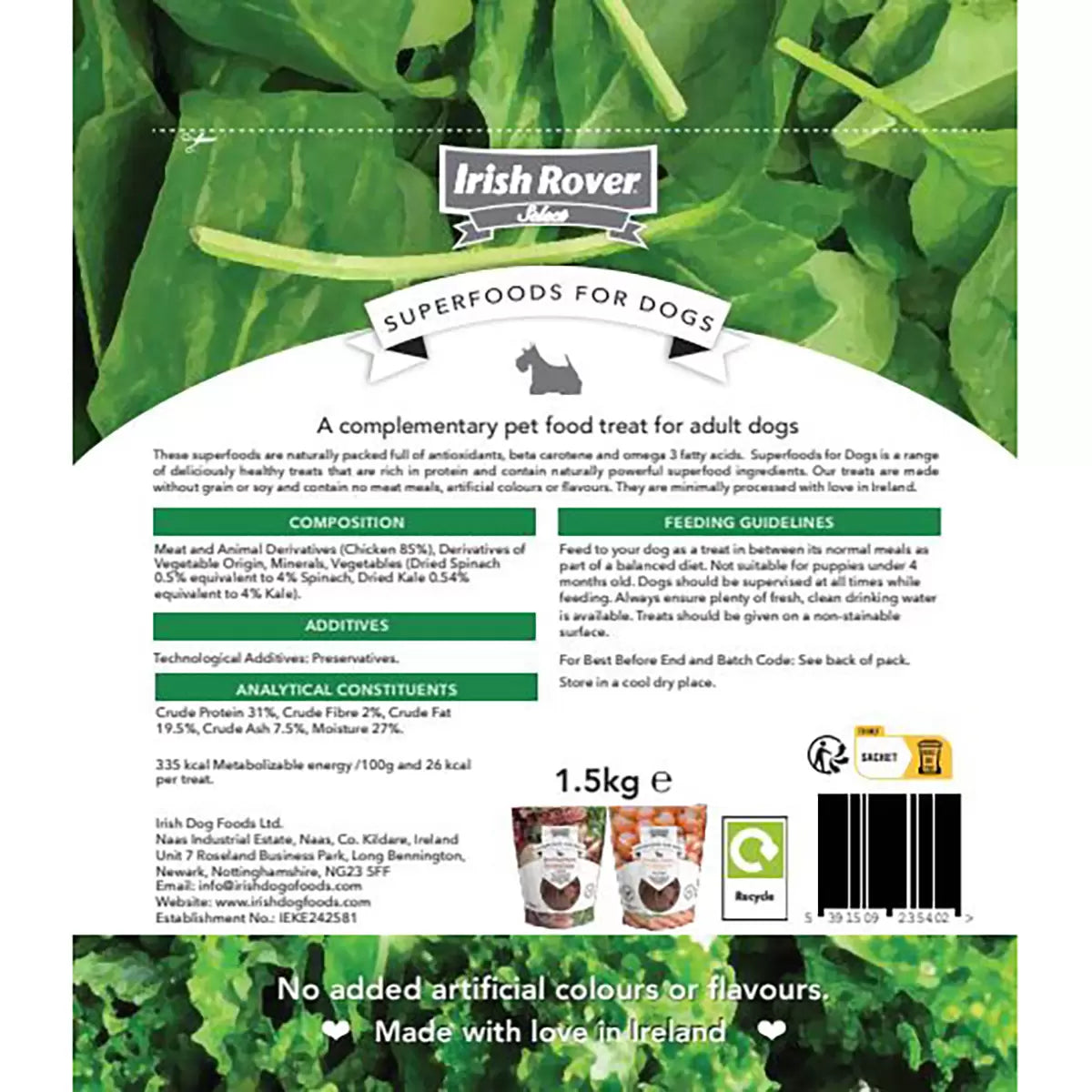 Irish Rover Superfoods Chicken Spinach and Kale dog treats resealable bag 1.5kg ingredients