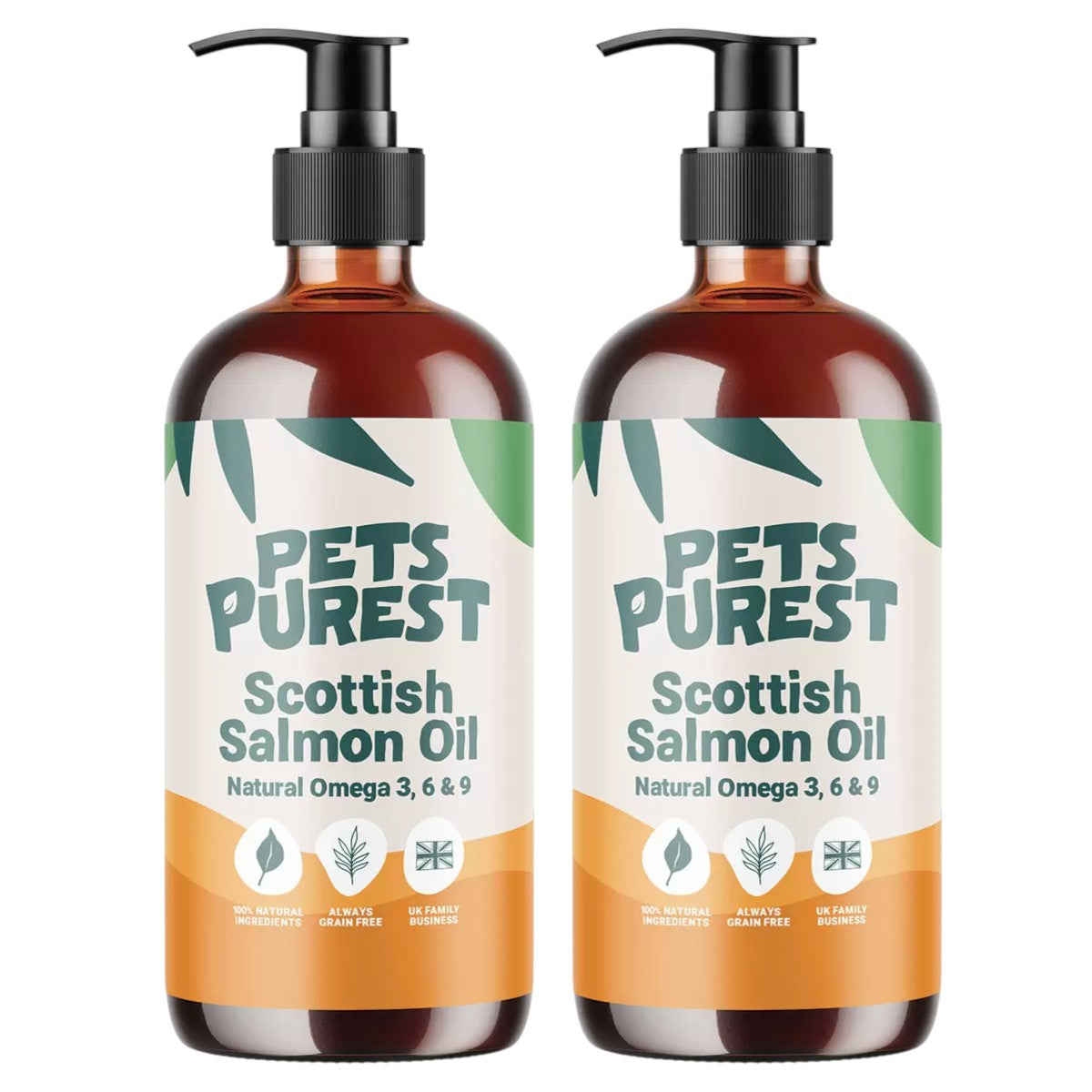 Pets Purest Scottish Salmon Oil food topper 2 x 300ml front packaging on white background