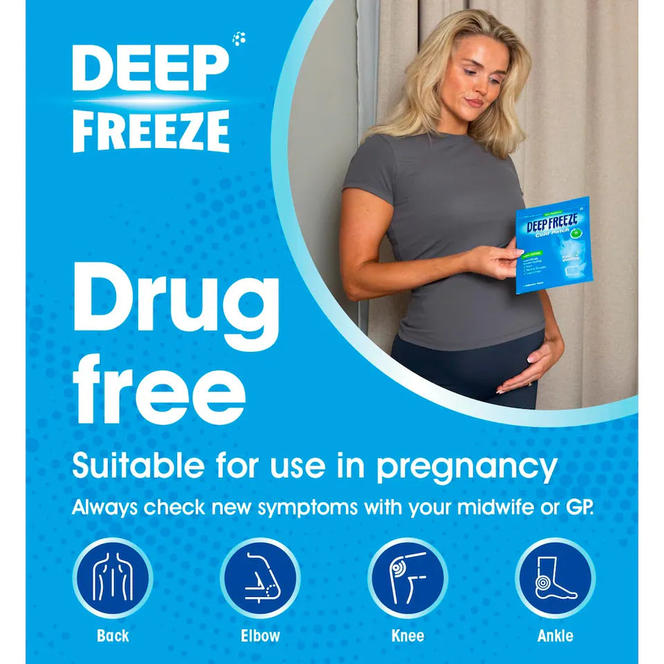Deep Freeze Cold Patch cooling therapy patch sachet packaging 1 count applied cooling patch lifestyle image