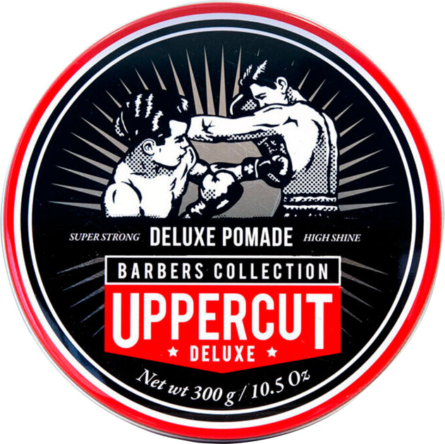 Front image: Uppercut Deluxe Pomade 300g jar strong hold high shine styling product packaging