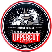 Front image: Uppercut Deluxe Pomade 300g jar strong hold high shine styling product packaging