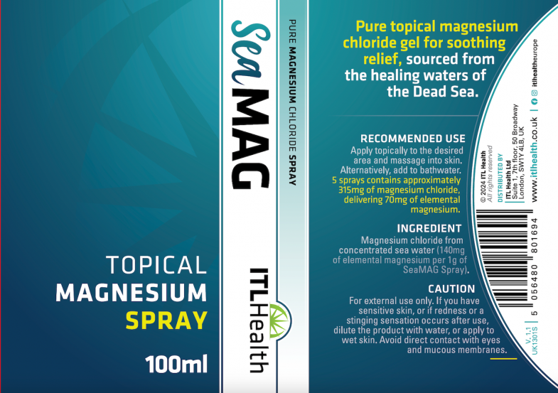 Label of MAG365 SeaMAG spray showing ingredients & barcode.