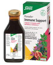 Floradix Liquid Immune Support bottle & box, vitamin and mineral formula, 250ml.