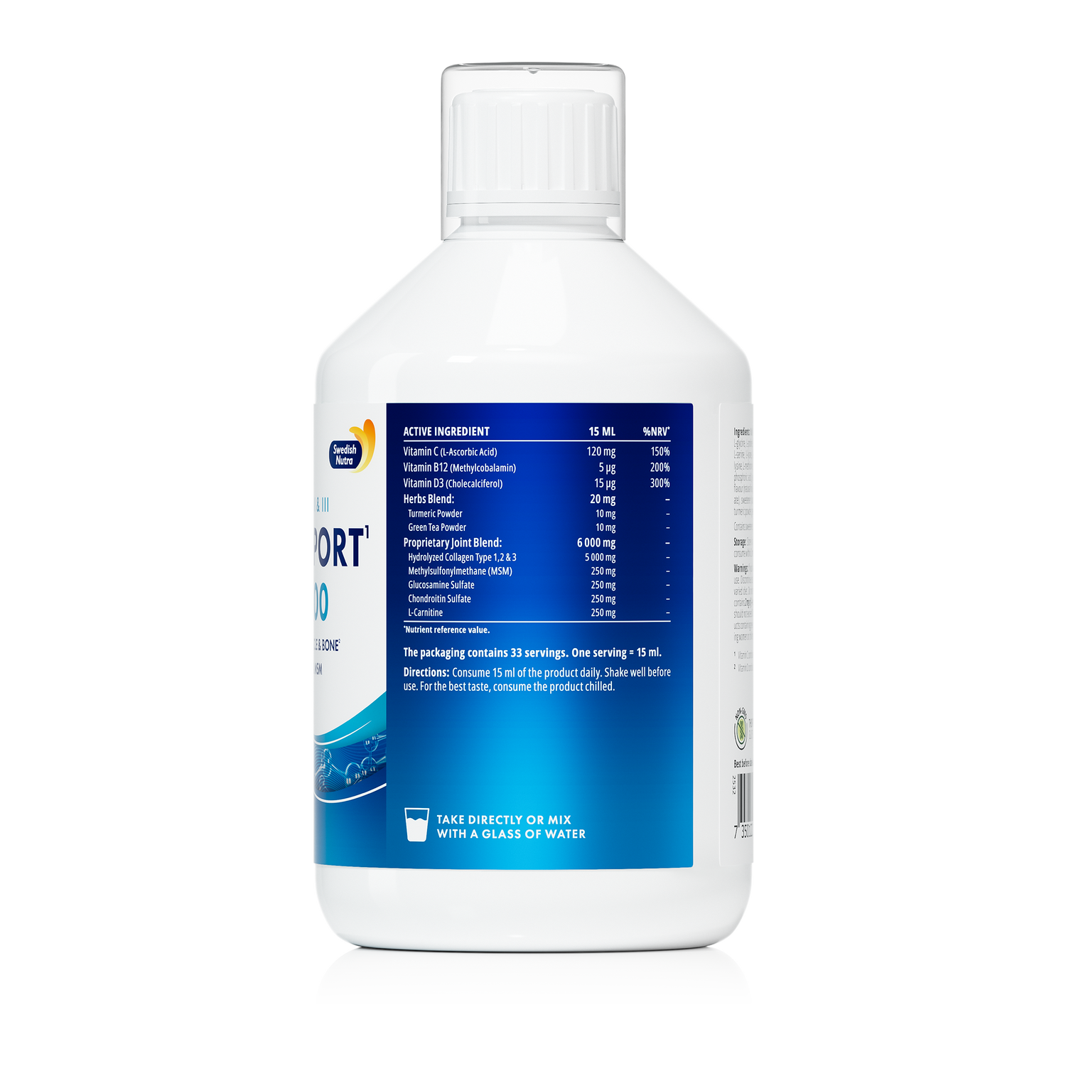 Swedish Nutra Joint Support Flex 5000 Liquid Berry 500ml nutrition information bottle