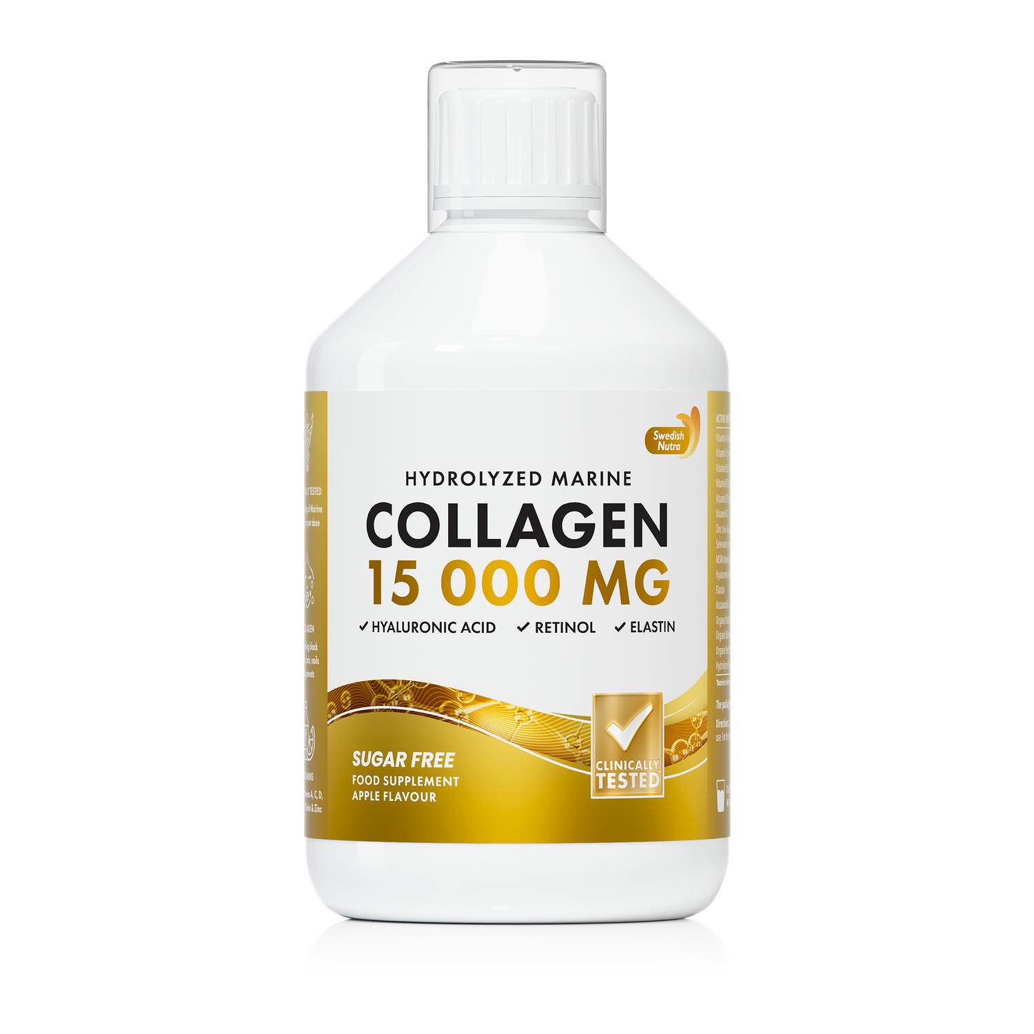 Bottle of collagen supplement with a white and gold label on a white background