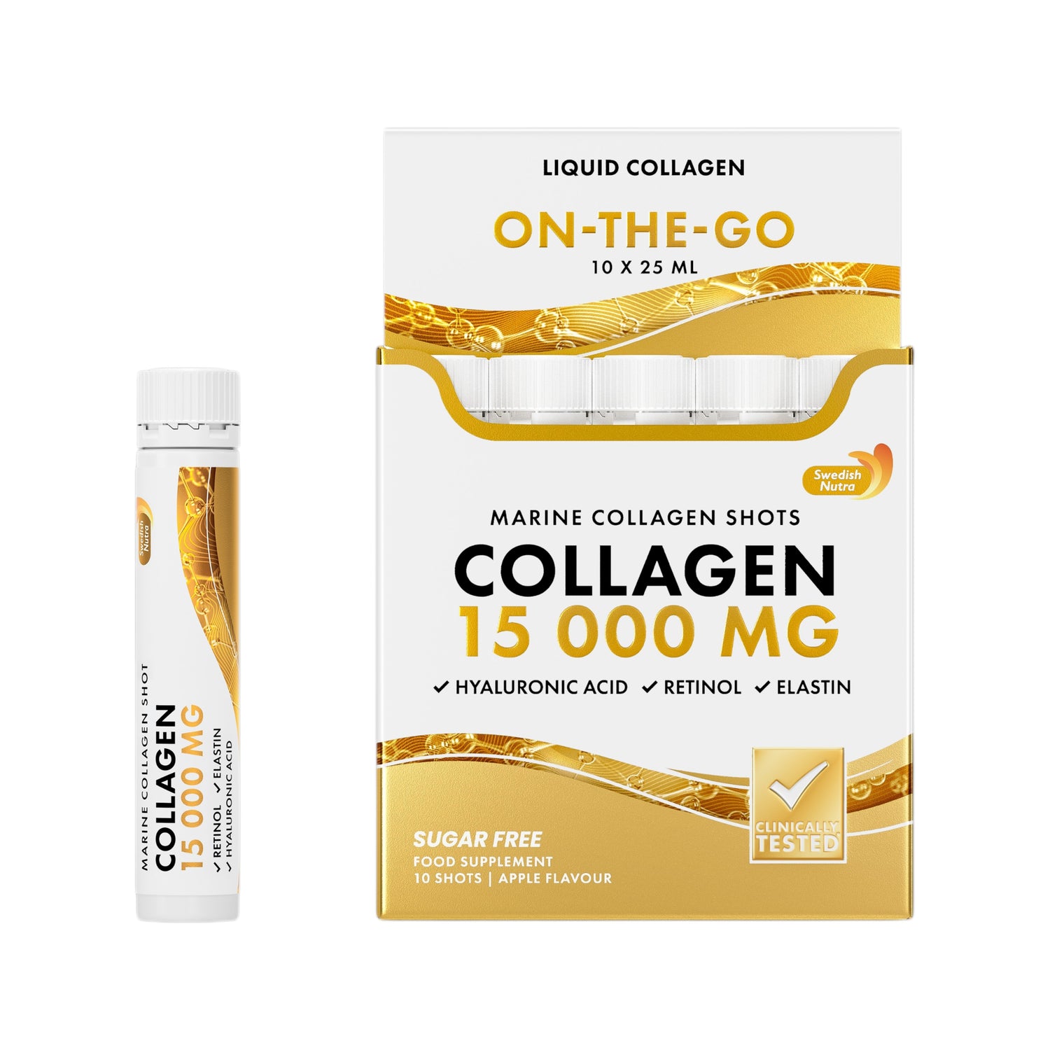 Box of liquid collagen supplement with a single shot on a white background