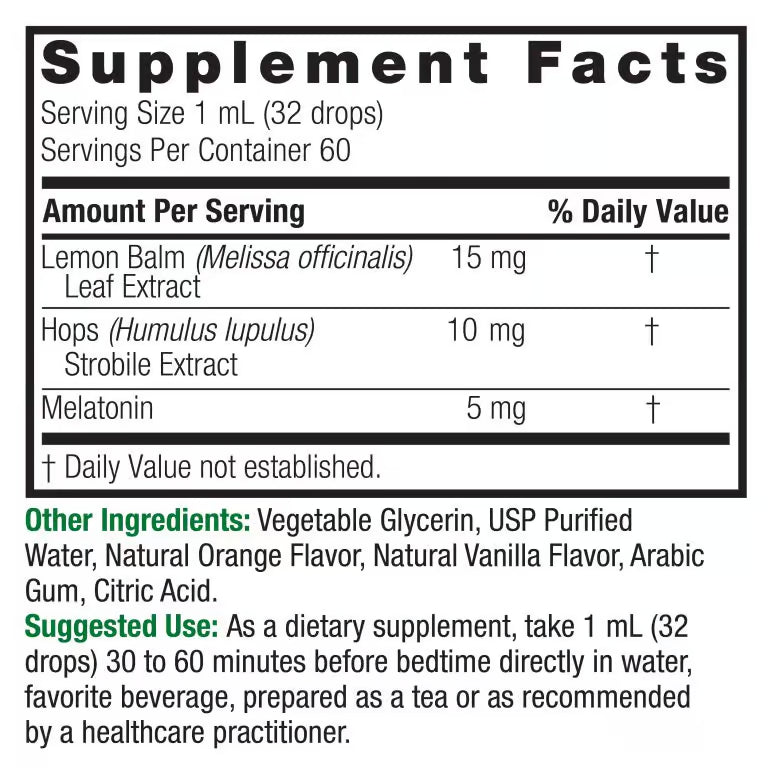 Nature’s Answer Melatonin Plus Lemon Balm & Hops 60ml supplement facts label