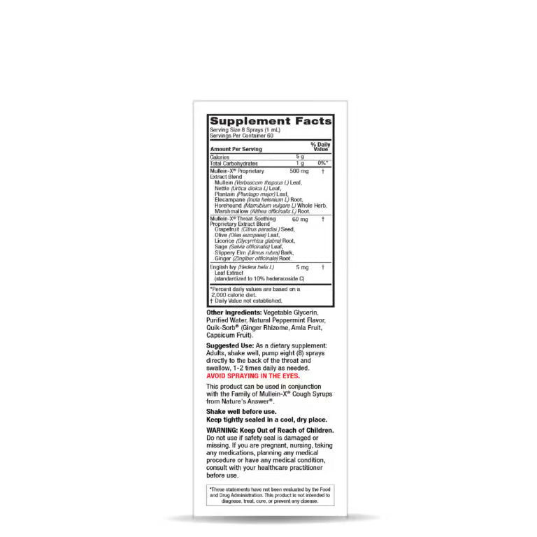 Nature’s Answer Mullein-X Throat Spray 60ml ingredient & supplement label