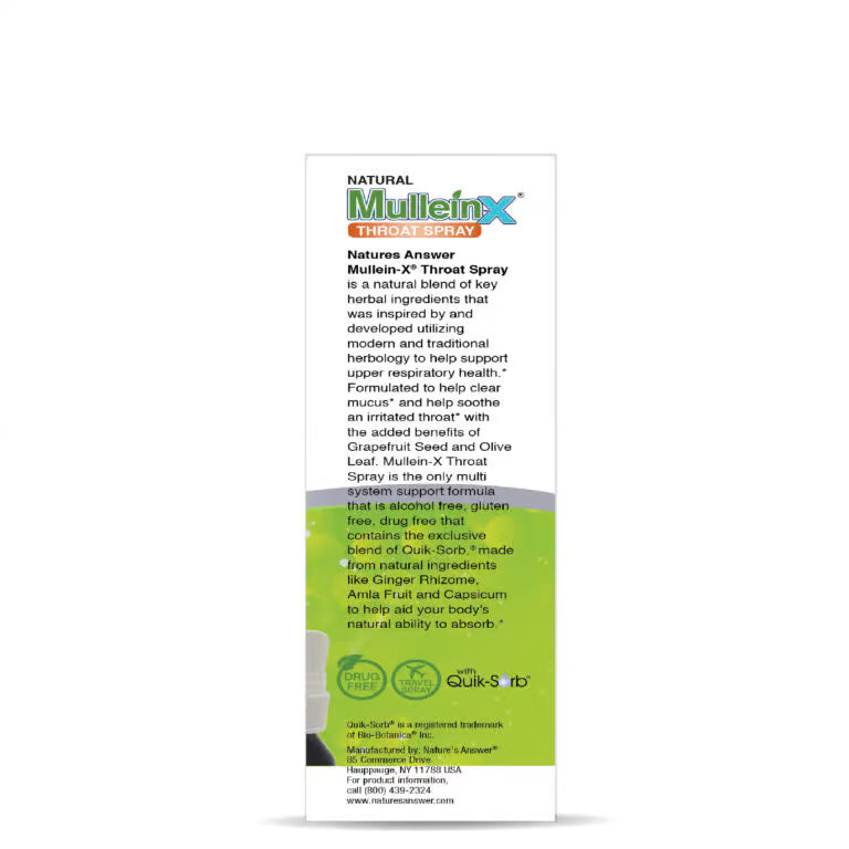 Nature’s Answer Mullein-X Throat Spray 60ml supplement labelon a white background