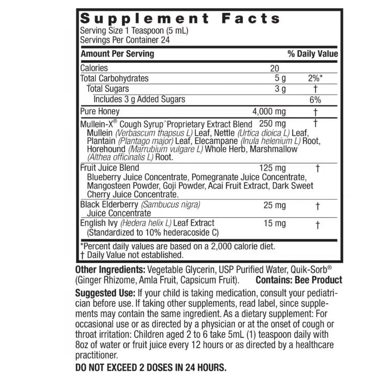 Nature’s Answer Kids Mullein-X Herbal Liquid Supplement 120ml ingredient label