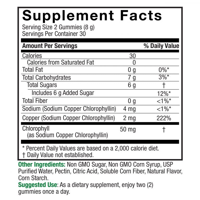 Nature’s Answer Chlorophyll gummies ingredient label 60 count back view