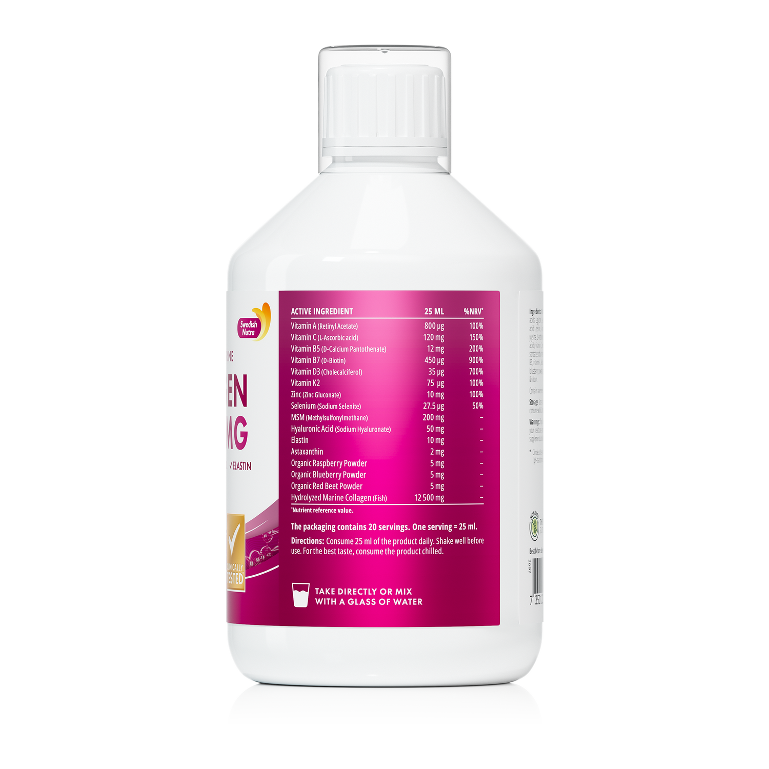 White bottle with a pink label on a white background