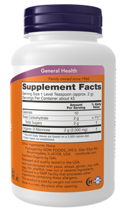 NOW D-Mannose Pure Powder, supplement bottle packaging, unflavoured, 170g, ingredients and supplement facts