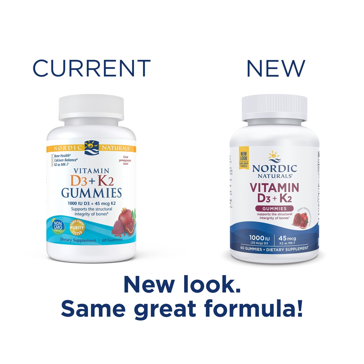 Nordic Naturals Vitamin D3 + K2 Pomegranate Gummies bottle for adults. Old & new packaging.