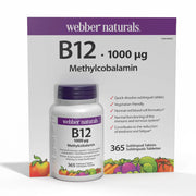 Webber Naturals Vitamin B12 Methylcobalamin 1000 mcg bottle, 365 sublingual tablets, on white background. Product packaging