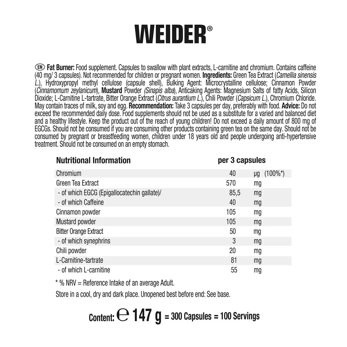 Weider Fat Burner Green Tea Extract – 300 Capsules ingredients