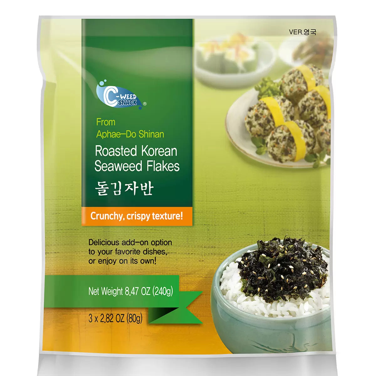 Front image: C-Weed roasted Korean seaweed flakes snack pouch 3 x 80g