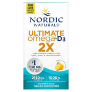 Nordic Naturals Ultimate Omega 2X with Vitamin D3 lemon flavor 60 soft gel box.