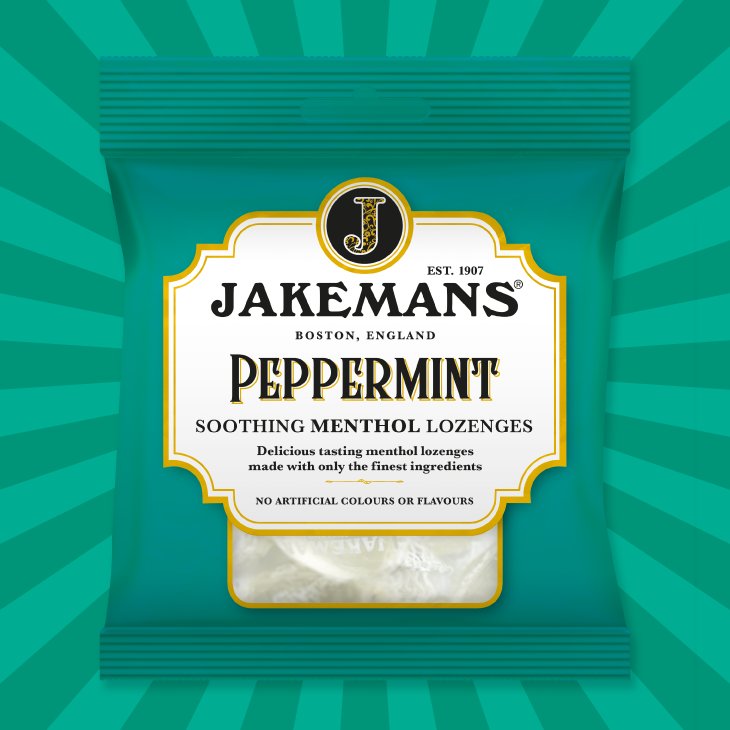 Jakemans Peppermint Soothing Menthol Lozenges, bag packaging, peppermint flavour, 73g, menthol sweet use